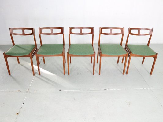 Scandinavian Modern Teak & Green Upholstery Dining Chairs, 1960, Set of 5-DT-2026173