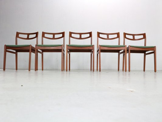 Scandinavian Modern Teak & Green Upholstery Dining Chairs, 1960, Set of 5-DT-2026173