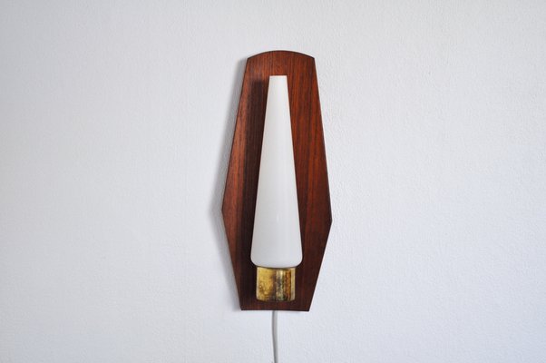 Scandinavian Modern Wall Light in Teak, Brass and Opaline Glass, 1960s-HPQ-1279442