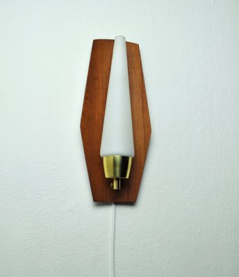 Scandinavian Modern Wall Light in Teak, Brass & Opaline Glass, Denmark, 1960s-HPQ-1396798