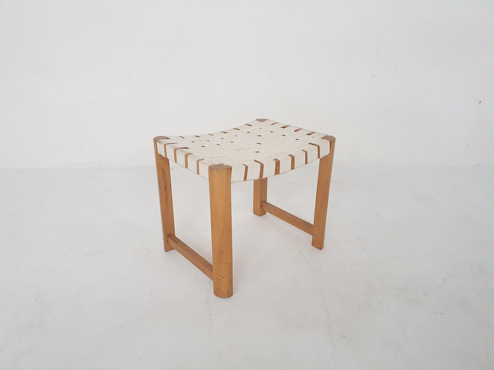 Scandinavian Modern Wooden Stool with White Bands, 1970s