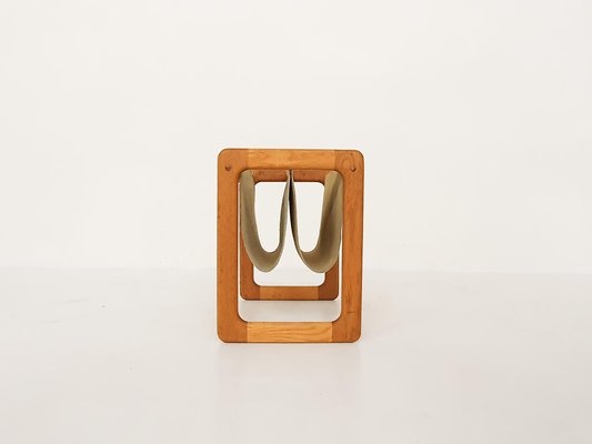 Scandinavian Oak and Suede Magazine Stand, 1960s-ZO-991506