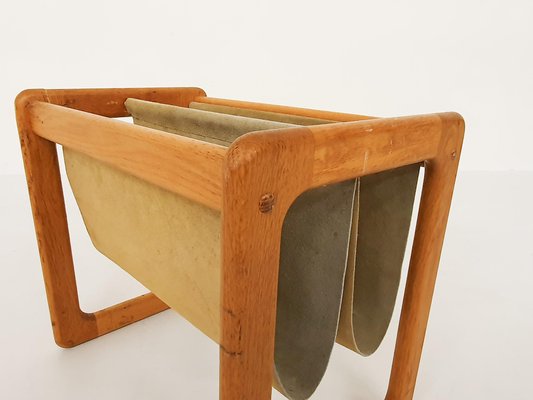 Scandinavian Oak and Suede Magazine Stand, 1960s-ZO-991506