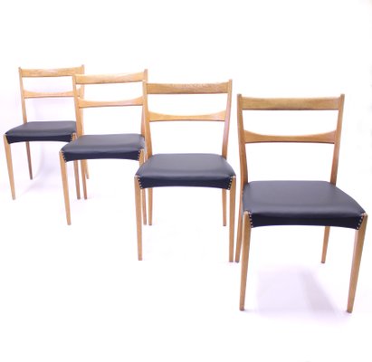 Scandinavian Oak Dining Chairs With Black Leather Seats, 1950s, Set of 4-KQ-787374