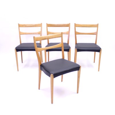 Scandinavian Oak Dining Chairs With Black Leather Seats, 1950s, Set of 4-KQ-787374