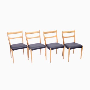 Scandinavian Oak Dining Chairs With Black Leather Seats, 1950s, Set of 4-KQ-787374