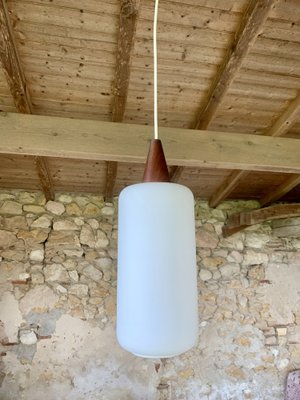 Scandinavian Opaline and Teak Pendant Lamp, 1960s-OJT-1822758