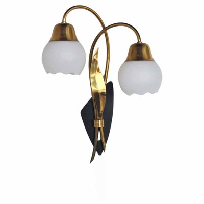 Scandinavian Organic 2-Arm Wall Light in Brass and Opaline, 1940s-HPQ-1273923