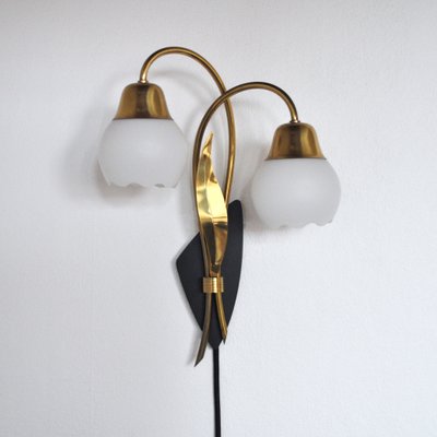 Scandinavian Organic 2-Arm Wall Light in Brass and Opaline, 1940s-HPQ-1273923