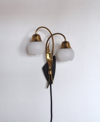 Scandinavian Organic 2-Arm Wall Light in Brass and Opaline, 1940s-HPQ-1273923