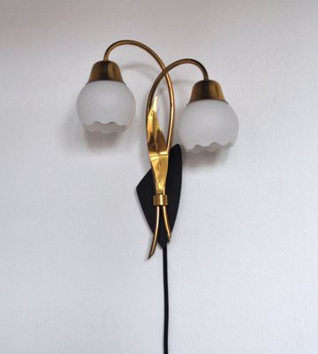 Scandinavian Organic 2-Arm Wall Light in Brass and Opaline, 1940s-HPQ-1273923