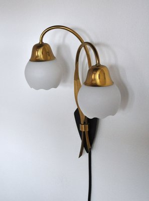 Scandinavian Organic 2-Arm Wall Light in Brass and Opaline, 1940s-HPQ-1273923