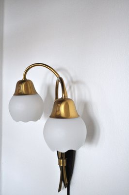 Scandinavian Organic 2-Arm Wall Light in Brass and Opaline, 1940s-HPQ-1273923