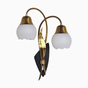 Scandinavian Organic 2-Arm Wall Light in Brass and Opaline, 1940s-HPQ-1273923