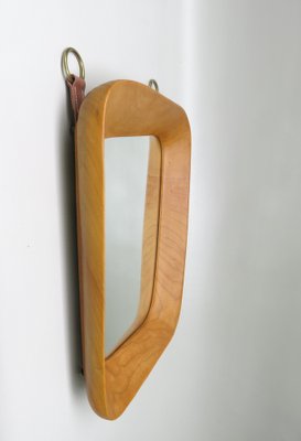 Scandinavian Organic Shaped Teak, Leather & Brass Wall Mirror, 1960s-EY-986881