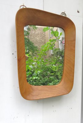 Scandinavian Organic Shaped Teak, Leather & Brass Wall Mirror, 1960s-EY-986881