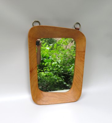 Scandinavian Organic Shaped Teak, Leather & Brass Wall Mirror, 1960s-EY-986881