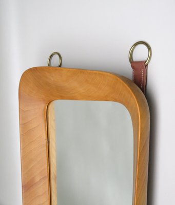 Scandinavian Organic Shaped Teak, Leather & Brass Wall Mirror, 1960s-EY-986881