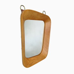 Scandinavian Organic Shaped Teak, Leather & Brass Wall Mirror, 1960s-EY-986881