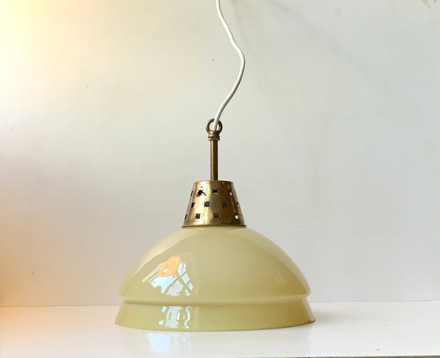 Scandinavian Pendant Light in Cased Glass & Brass, 1960s