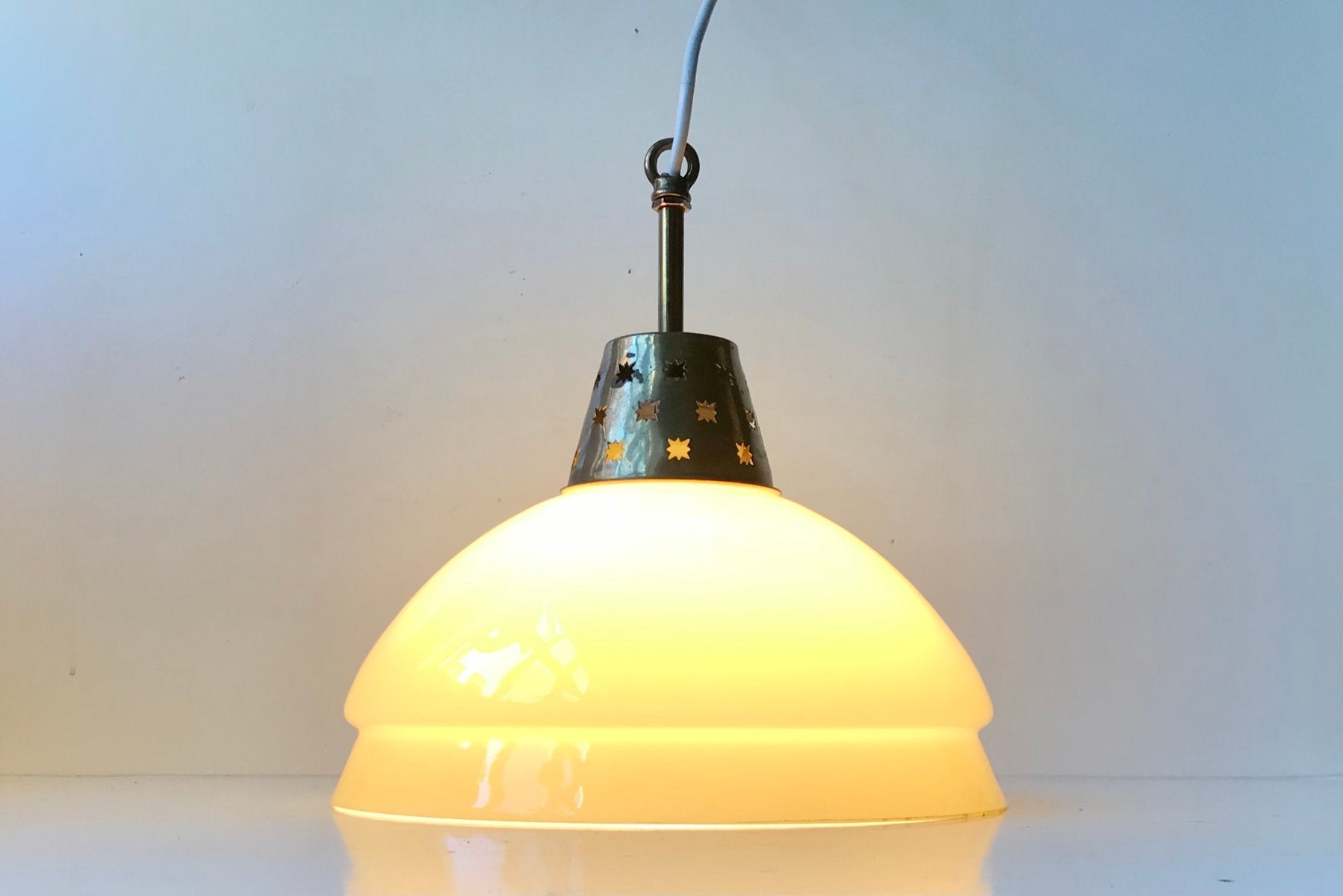 Scandinavian Pendant Light in Cased Glass & Brass, 1960s