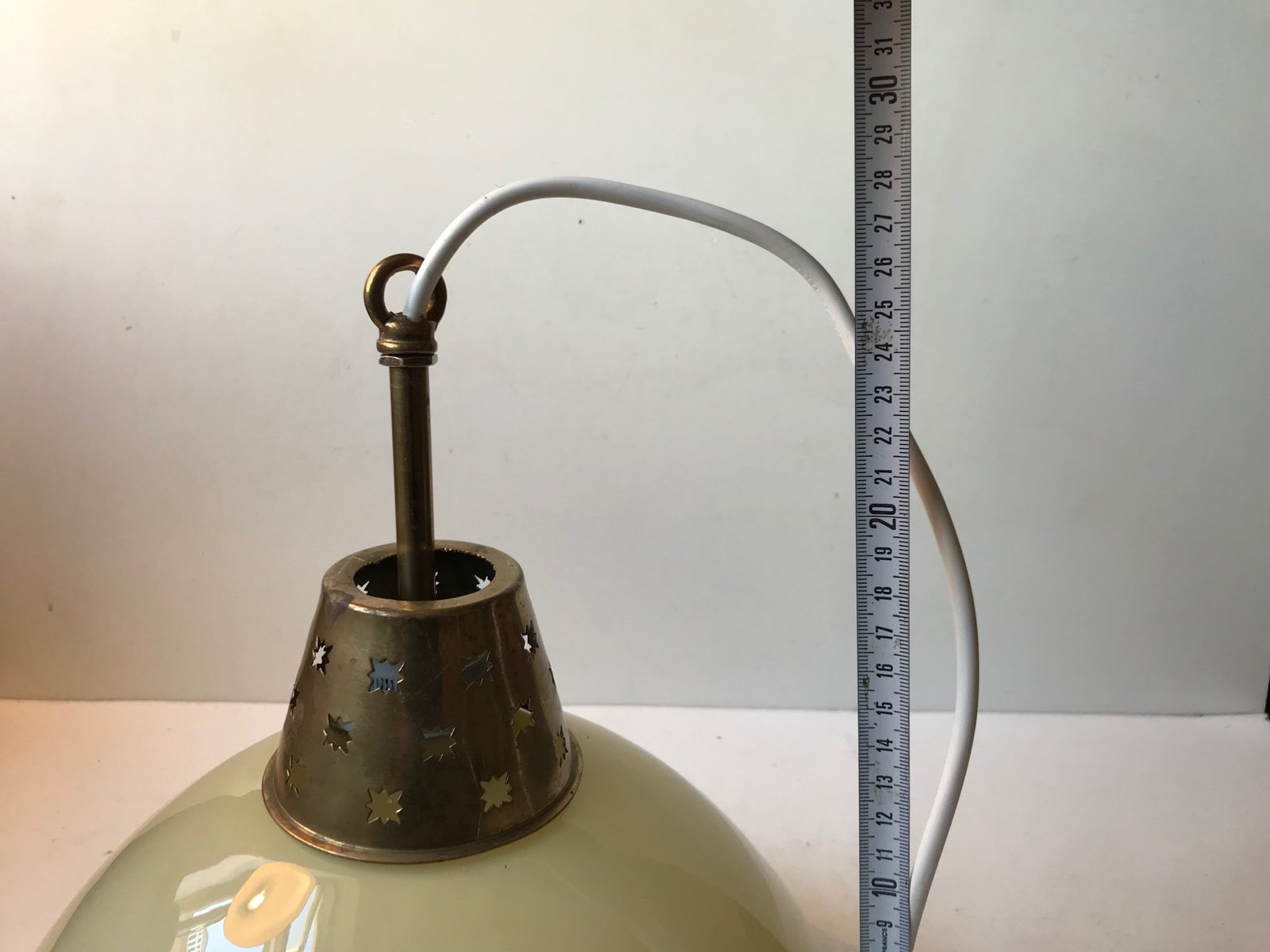 Scandinavian Pendant Light in Cased Glass & Brass, 1960s