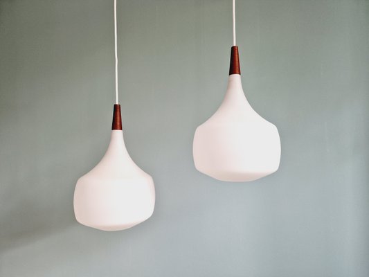 Scandinavian Pendant Lights in Teak and White Opaline Glass from Holmegaard, 1960s, Set of 2-FAX-2035873