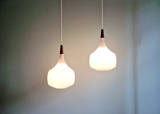 Scandinavian Pendant Lights in Teak and White Opaline Glass from Holmegaard, 1960s, Set of 2-FAX-2035873