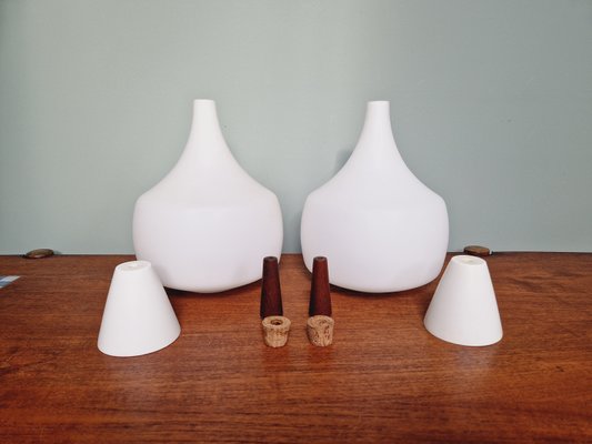 Scandinavian Pendant Lights in Teak and White Opaline Glass from Holmegaard, 1960s, Set of 2-FAX-2035873