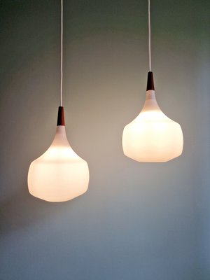 Scandinavian Pendant Lights in Teak and White Opaline Glass from Holmegaard, 1960s, Set of 2-FAX-2035873