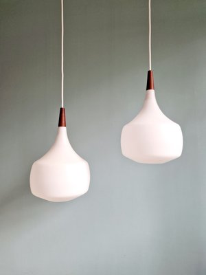 Scandinavian Pendant Lights in Teak and White Opaline Glass from Holmegaard, 1960s, Set of 2-FAX-2035873