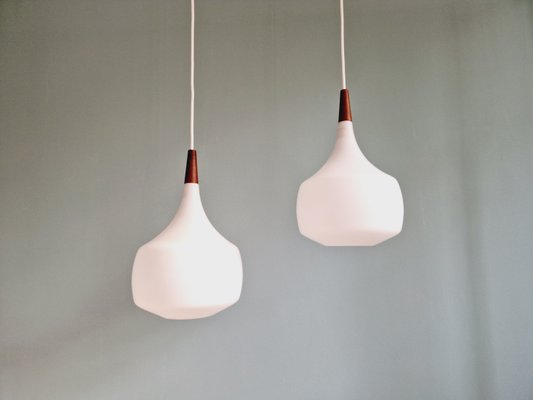 Scandinavian Pendant Lights in Teak and White Opaline Glass from Holmegaard, 1960s, Set of 2-FAX-2035873