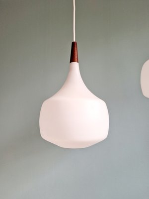 Scandinavian Pendant Lights in Teak and White Opaline Glass from Holmegaard, 1960s, Set of 2-FAX-2035873