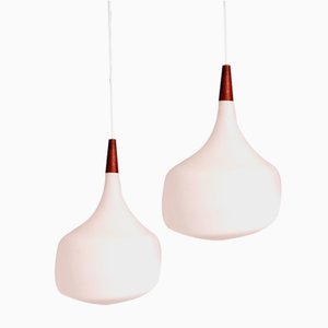 Scandinavian Pendant Lights in Teak and White Opaline Glass from Holmegaard, 1960s, Set of 2-FAX-2035873