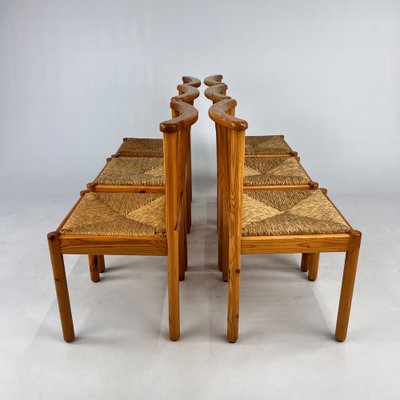 Scandinavian Pine and Rush Dining Chairs, 1970s, Set of 6-RMX-1728791