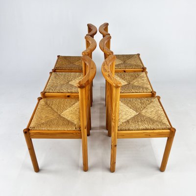 Scandinavian Pine and Rush Dining Chairs, 1970s, Set of 6-RMX-1728791