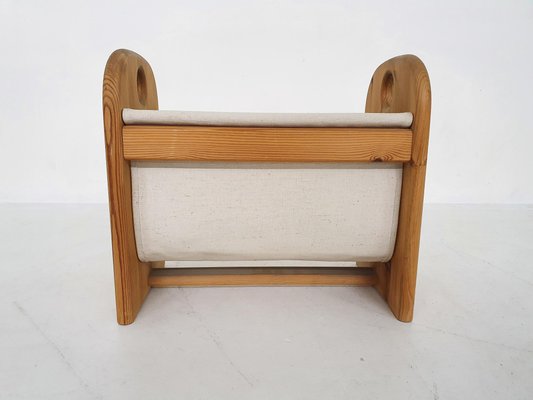 Scandinavian Pinewood and Linen Magazine Stand, Denmark, 1970s-ZO-991509