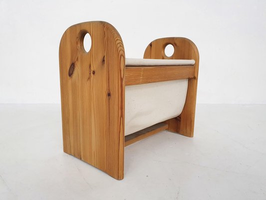 Scandinavian Pinewood and Linen Magazine Stand, Denmark, 1970s-ZO-991509