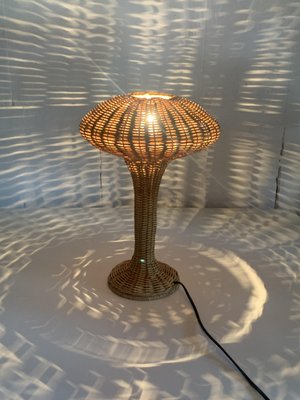 Scandinavian Rattan Wicker Mushroom Table Lamp, 1970s-BHG-2036114