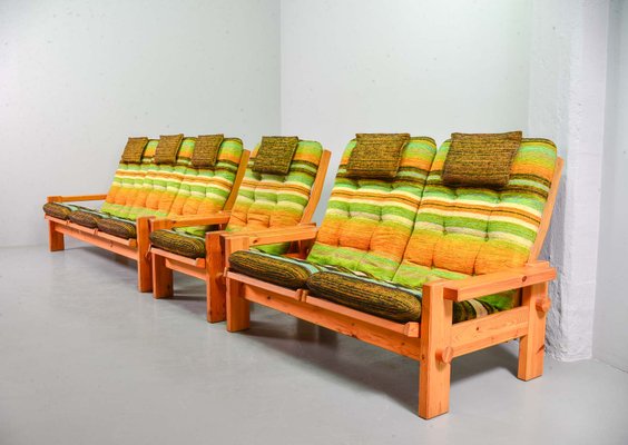 Scandinavian Seating Group in Pinewood & Rainbow Fabric by Yngve Ekström for Swedese, 1970s, Set of 5-IXC-1377489