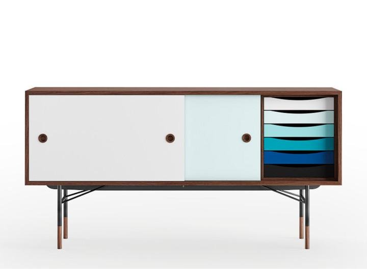 Scandinavian Sideboard F1 in Walnut with Blues Doors and Drawers