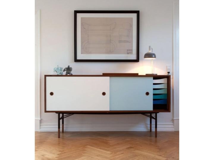 Scandinavian Sideboard F1 in Walnut with Blues Doors and Drawers