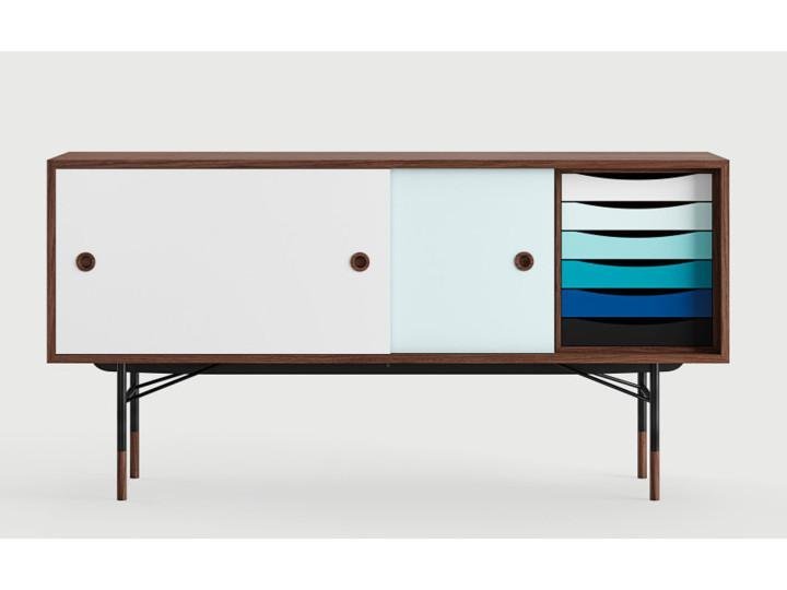 Scandinavian Sideboard F1 in Walnut with Blues Doors and Drawers