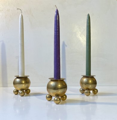 Scandinavian Space Age Brass Cauldron Candlesticks, 1950s, Set of 3-LCR-1787670