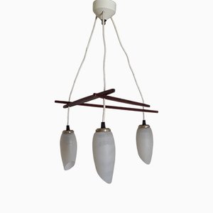 Scandinavian Style 3-Flamed Ceiling Lamp in Teak and Glass Shade, 1960s,-HOI-1417706