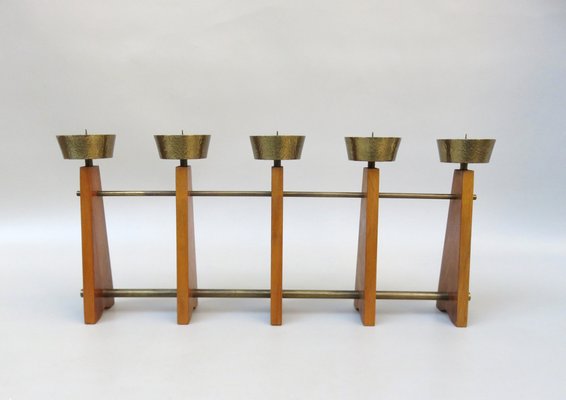 Scandinavian Teak & Brass 5-Fold Candleholder, 1960s-EY-1279827