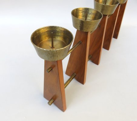 Scandinavian Teak & Brass 5-Fold Candleholder, 1960s-EY-1279827