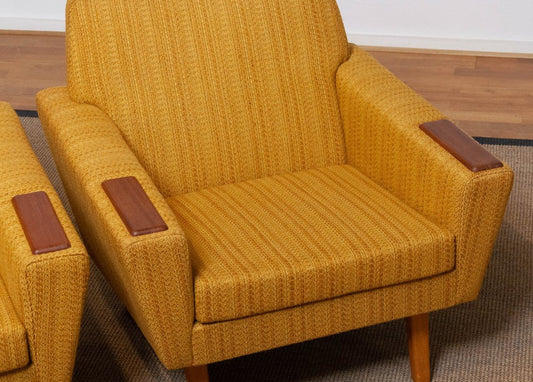 Scandinavian Teak Paws and Ocher Fabric Club Chairs, Denmark, 1950s, Set of 2