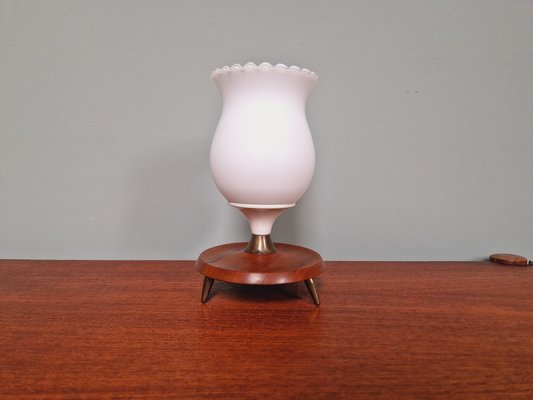 Scandinavian Tripod Table Lamp in White Opaline and Teak, 1960s-FAX-1733868