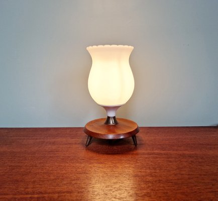 Scandinavian Tripod Table Lamp in White Opaline and Teak, 1960s-FAX-1733868